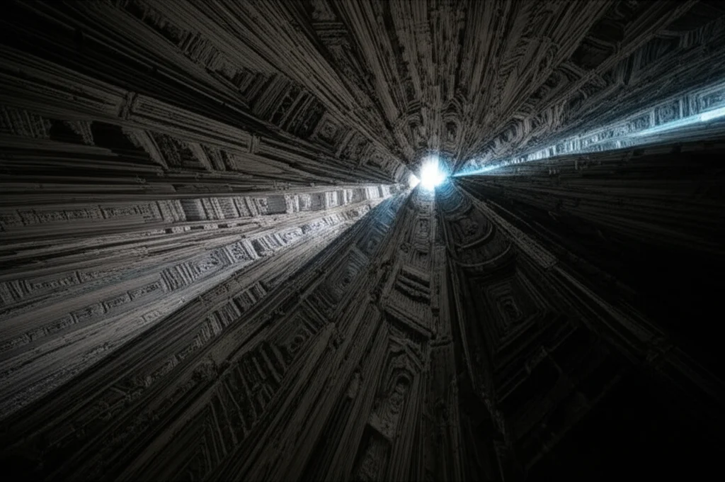 Visualizzazione astratta e fotorealistica di uno spazio dei moduli matematico complesso con bordi definiti, che simboleggia il concetto di bordificazione. Obiettivo grandangolare, 10mm, lunga esposizione per enfatizzare la vastità e la struttura interconnessa, con alcune aree più luminose che rappresentano i 'confini' aggiunti.