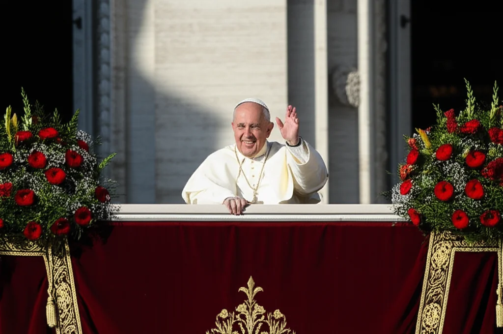 Fotorealista, Papa Leo XIV in piedi sul balcone della Basilica di San Pietro, guardando una folla, illuminazione drammatica, lente da 50 mm, apertura f/2.8