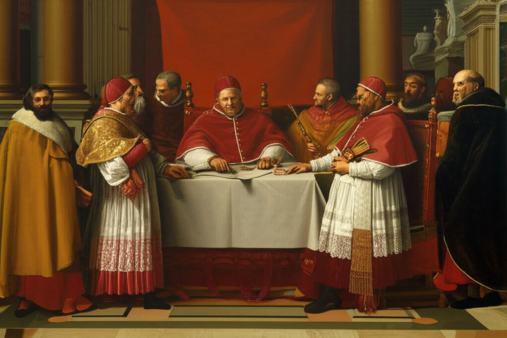 Stile di pittura fotorealista e rinascimentale, Papa Leo X circondato da artisti e studiosi in una sontuosa stanza, concentrarsi sull'arte e l'attività intellettuale, lenti da 60 mm, apertura f/2.8