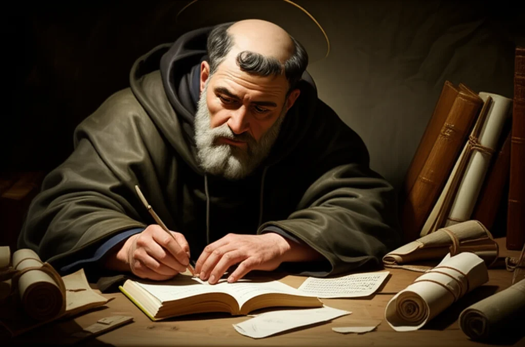 Fotorealistico, rappresentazione di Sant'Agostino di scrittura di ippopotami, circondato da antichi rotoli e libri, atmosfera contemplativa e intellettuale, lente da 75 mm, F/2.5 Aperture