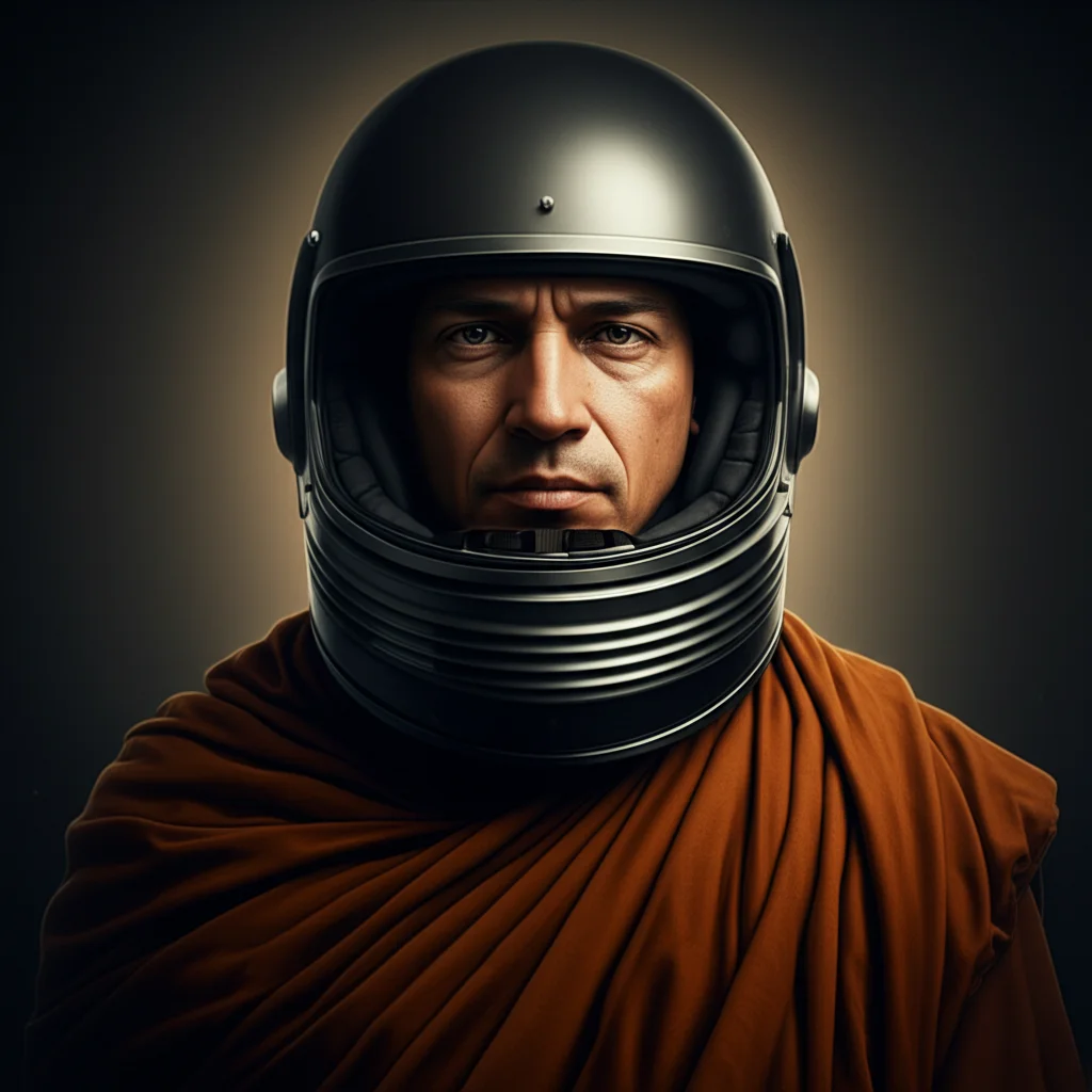 Immagine fotorealistica e concettuale di un monaco che indossa un casco, simboleggia la miscela di riflessione spirituale e guerra spirituale, illuminazione drammatica, lente da 85 mm, apertura f/1.8