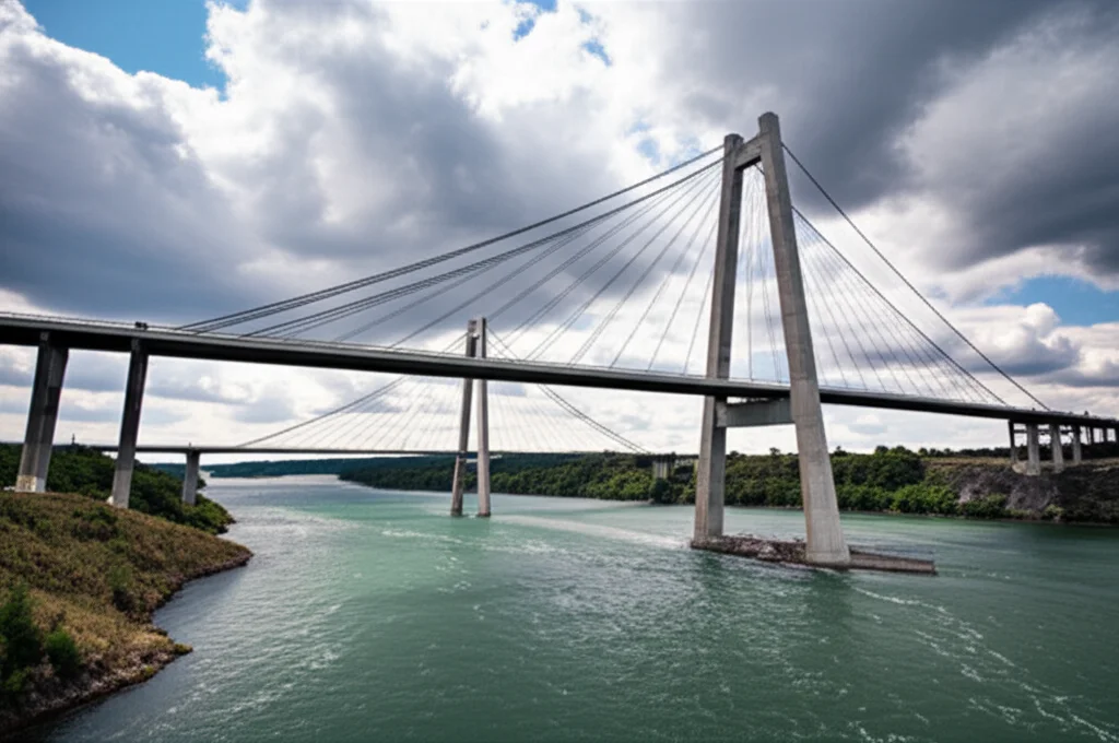 Immagine fotorealistica e astratta dei ponti che attraversano fiumi turbolenti, simboleggiano il dialogo e la divisione di superamento, Sky Dramatic, Lens da 24 mm, apertura f/4.0