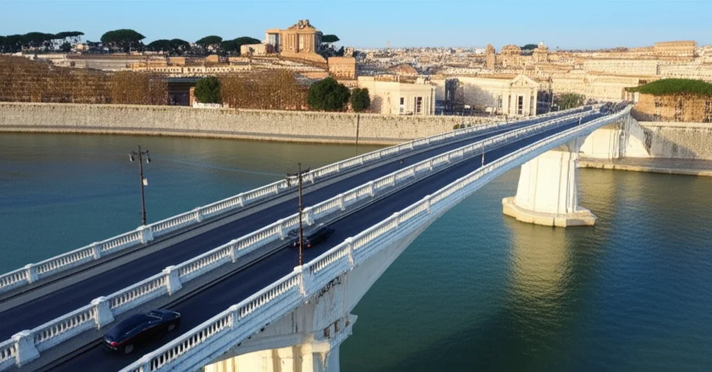 Immagine fotorealistica e concettuale di un ponte che collega gli Stati Uniti e il Vaticano, simboleggia la posizione unica di un papa americano, prospettiva dinamica, lente da 28 mm, apertura f/3.5