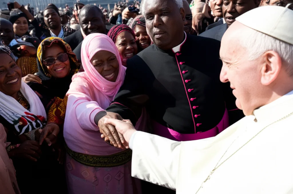 fotorealista, rappresentazione di papa leo xiv che estende una mano verso una folla diversificata che rappresenta culture e continenti diversi, prospettiva globale, lente da 24 mm, apertura f/4.0