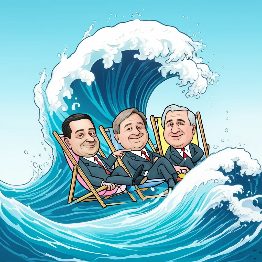 Cartone animato fotorealistico e satirico di politici che ignora una marea crescente di direttive dell'UE e malcontento pubblico, mentre si è seduto su sedie da spiaggia, stile umoristico, obiettivo da 50 mm, apertura f/3.5