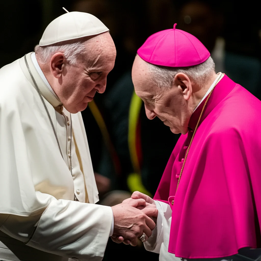 Immagine fotorealistica e concettuale di due mani che costruiscono un ponte, con una mano che rappresenta Papa Francesco e l'altra Papa Leo XIV, che simboleggia la continuità e la missione condivisa, l'illuminazione morbida, lenti da 70 mm, apertura f/2.8