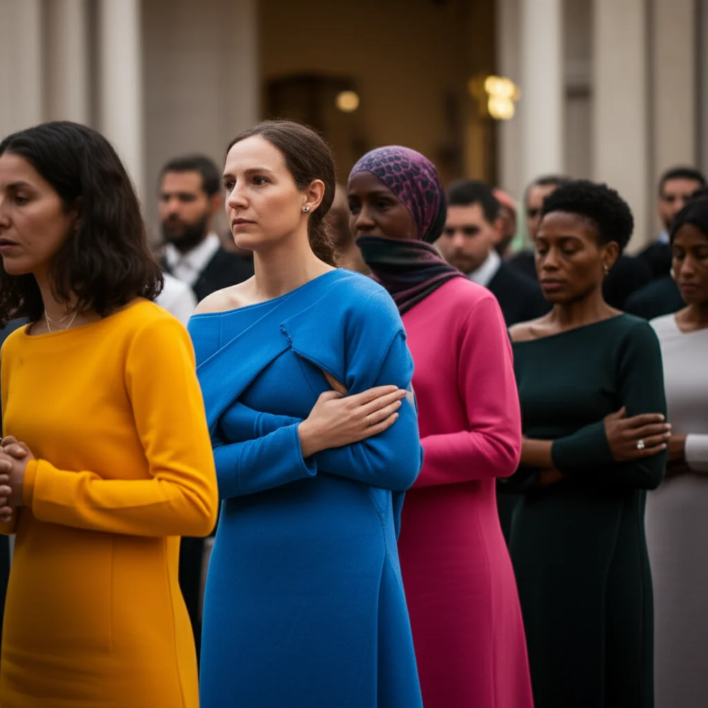 Persone fotorealistiche e diverse che rappresentano culture e fedi diverse che pregano insieme per la pace, tema dell'unità globale, scatto largo, lenti da 24 mm, apertura f/4.0