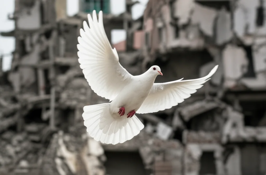 Immagine fotorealistica e concettuale di una colomba bianca che vola su un paesaggio devastato dalla guerra, che simboleggia la ricerca della pace tra conflitti, drammatici e pieni di speranza, lenti da 85 mm, apertura f/2.0