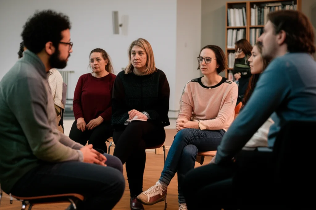 Gruppo fotorealista e diversificato di persone sedute in cerchio, impegnato in una conversazione seria, simboleggia la sinodalità e il dialogo all'interno della chiesa, atmosfera calda e inclusiva, lenti da 35 mm, apertura f/2.8