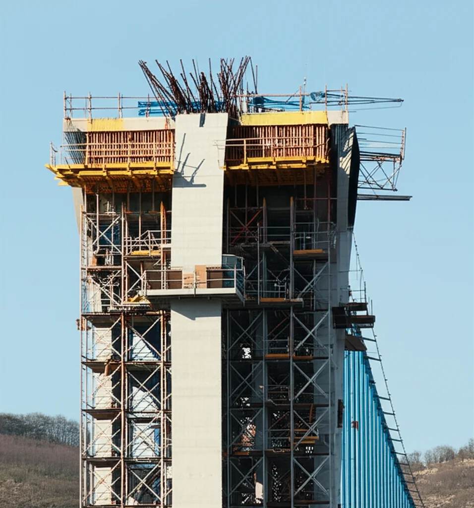 Immagine fotorealistica e concettuale di un cantiere che costruisce un ponte, che simboleggia il lavoro in corso di dialogo e unità, luce del giorno brillante, vista ampia, lente da 24 mm, apertura f/4.0