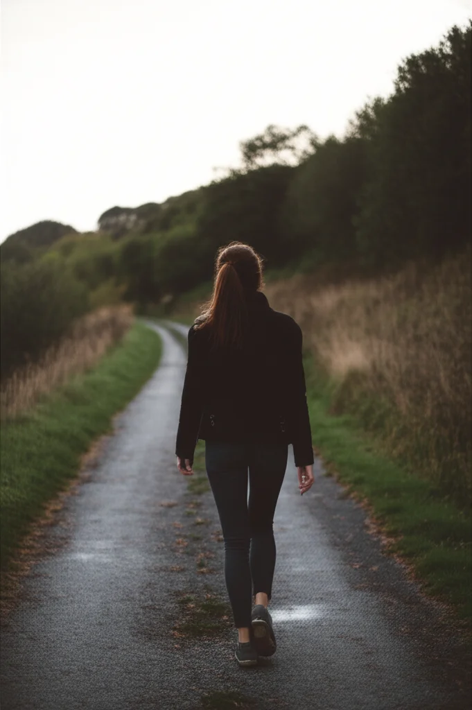 Immagine fotorealistica e concettuale di una figura solitaria che si allontana in lontananza su un percorso, lasciando alle spalle gli echi di un ruggito, atmosfera contemplativa, stile cinematografico, obiettivo da 85 mm, apertura f/1.8