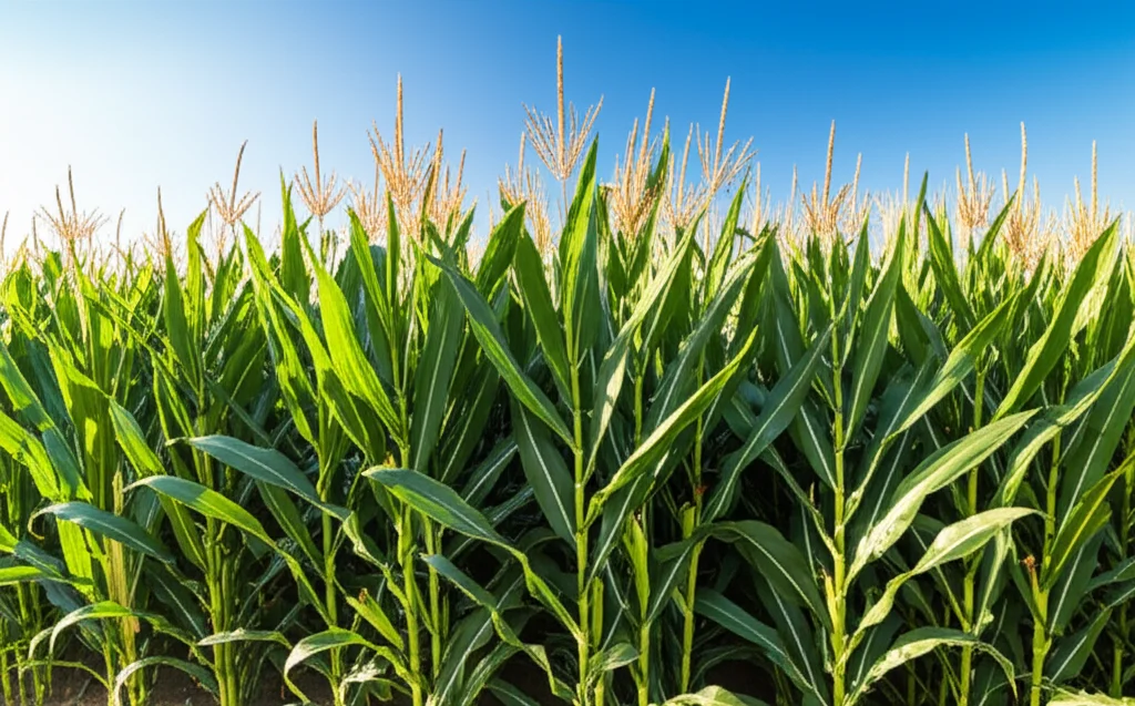 Campo di mais rigoglioso sotto un cielo azzurro nella provincia del Khuzestan, Iran, fotografia paesaggistica grandangolare 20mm, messa a fuoco nitida sulle piante in primo piano, luce solare intensa del tardo pomeriggio.