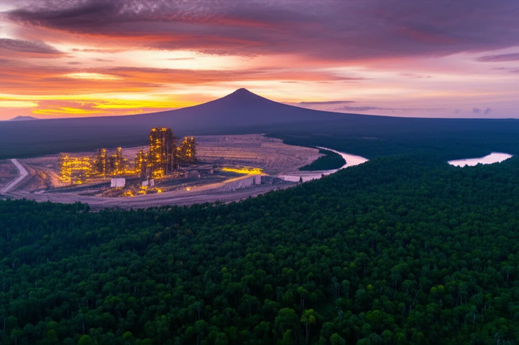 Fotografia paesaggistica, obiettivo grandangolare 18mm, messa a fuoco nitida, che mostra un contrasto drammatico tra un impianto industriale moderno (es. miniera a cielo aperto o diga idroelettrica) e un territorio indigeno tradizionale incontaminato (foresta fitta, fiume serpeggiante, montagna sacra all'orizzonte), luce del tramonto che accentua la tensione visiva tra i due elementi.