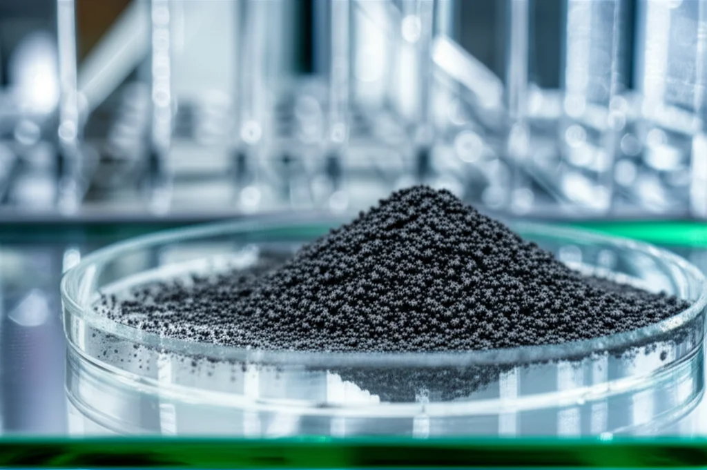 Fotografia still life, lente macro 100mm, del catalizzatore CoFe2O4/SBA-15/CuPc@Gd in polvere di colore scuro su una superficie di vetro da laboratorio, con illuminazione laterale controllata per esaltare la texture mesoporosa e le proprietà magnetiche, con un leggero effetto di profondità di campo che sfoca lo sfondo di un laboratorio chimico.