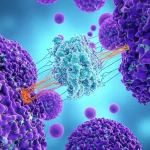 Immagine concettuale di una molecola farmacologica innovativa (capivasertib) che interagisce con cellule tumorali del seno, visualizzazione scientifica con dettagli macro, illuminazione controllata per evidenziare l'interazione, sfondo astratto sui toni del blu e viola a simboleggiare la ricerca e la speranza.