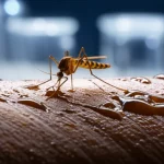 Immagine fotorealistica di una zanzara Aedes aegypti appoggiata delicatamente su una carta di germinazione marrone scuro umida e altamente testurizzata, in procinto di oviposizione. Lo sfondo mostra un ambiente di laboratorio sottilmente sfocato con becher e attrezzature scientifiche. Lenti macro, 105 mm, dettagli elevati, messa a fuoco precisa, illuminazione morbida controllata per evidenziare le caratteristiche della zanzara e la trama della carta.