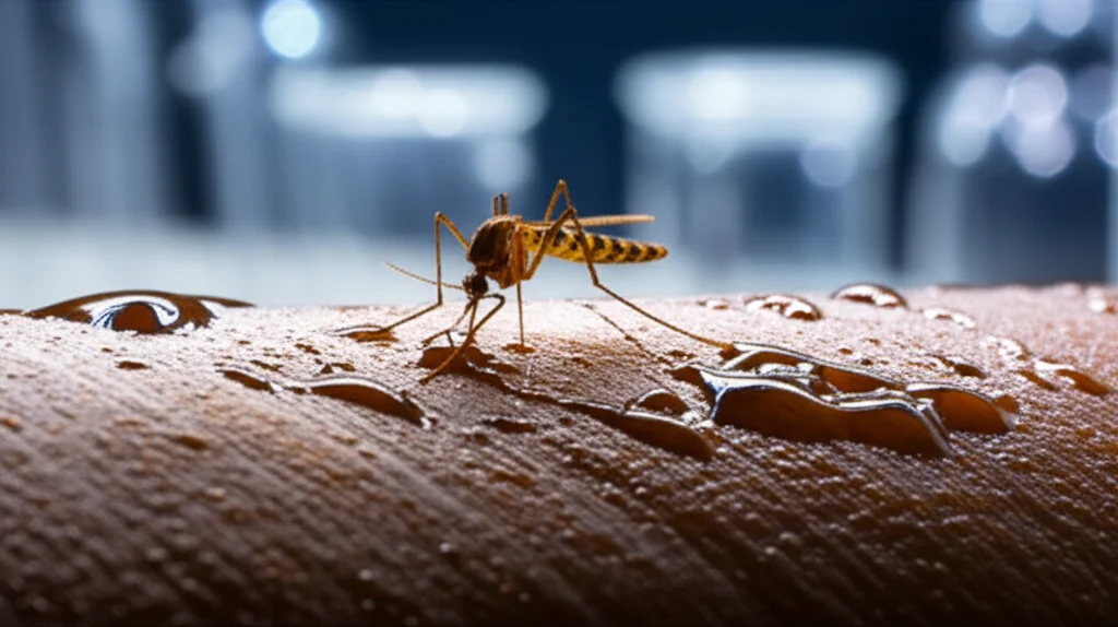 Immagine fotorealistica di una zanzara Aedes aegypti appoggiata delicatamente su una carta di germinazione marrone scuro umida e altamente testurizzata, in procinto di oviposizione. Lo sfondo mostra un ambiente di laboratorio sottilmente sfocato con becher e attrezzature scientifiche. Lenti macro, 105 mm, dettagli elevati, messa a fuoco precisa, illuminazione morbida controllata per evidenziare le caratteristiche della zanzara e la trama della carta.