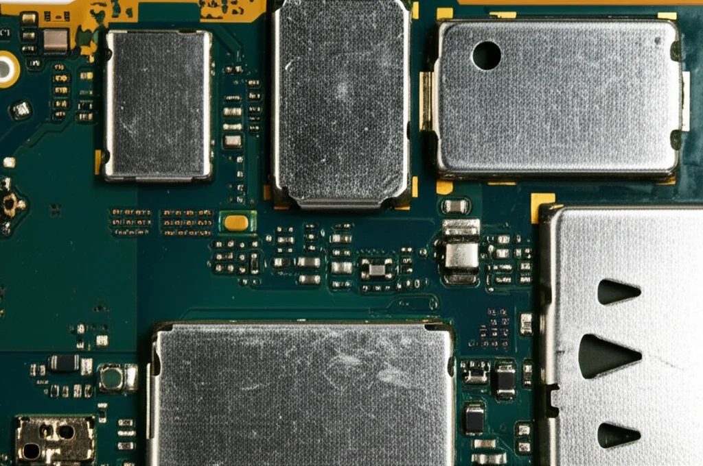 Immagine macro ad alta definizione di circuiti stampati di smartphone obsoleti, con dettagli dorati e argentati dei contatti metallici, illuminazione controllata per evidenziare le texture, obiettivo macro 100mm.