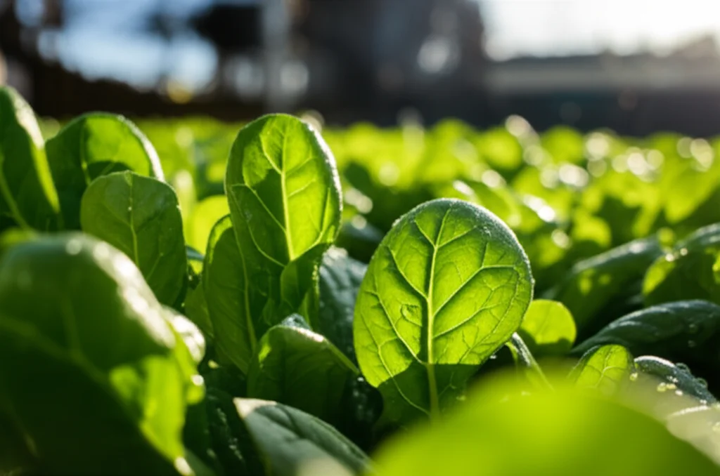 Ortaggi a foglia verde brillante (insalata, spinaci) che crescono rigogliosi in un orto domestico ben curato, obiettivo macro 60mm, alta definizione dei dettagli delle foglie con gocce d'acqua, luce naturale morbida del mattino, messa a fuoco selettiva sulle piante in primo piano, sfondo leggermente sfocato con accenno a contesto urbano.