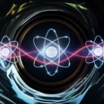 Photorealistic conceptual image of three glowing quantum atoms interacting with light waves inside a shimmering optical cavity surrounded by a distorting Kerr medium. Macro lens, 80mm, high detail, precise focusing, controlled lighting, quantum physics illustration.