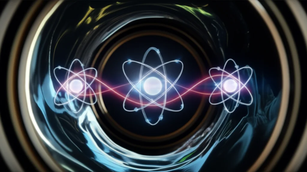 Photorealistic conceptual image of three glowing quantum atoms interacting with light waves inside a shimmering optical cavity surrounded by a distorting Kerr medium. Macro lens, 80mm, high detail, precise focusing, controlled lighting, quantum physics illustration.