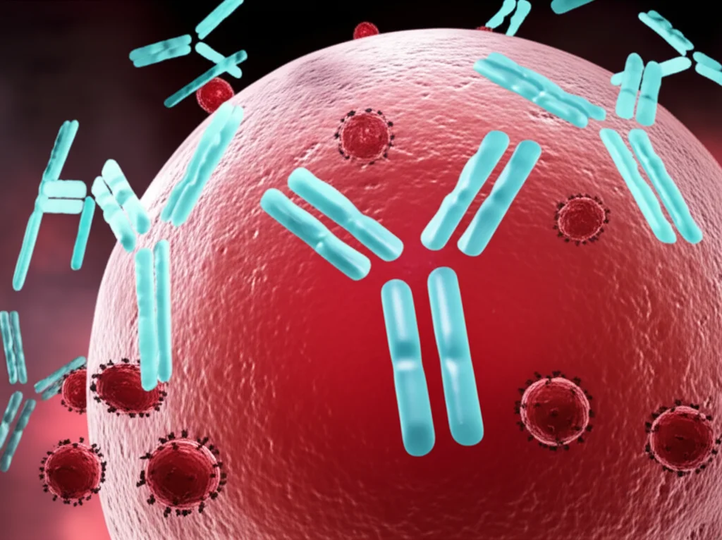 Photorealistic image of a stylized representation of antibodies shielding a cell from a virus, macro lens, 100mm, high detail, precise focusing, controlled lighting