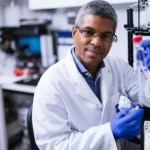 Photorealistic image showing a researcher in a lab working with vials and imaging equipment, representing cancer research and drug development, 35mm portrait, depth of field, controlled lighting.