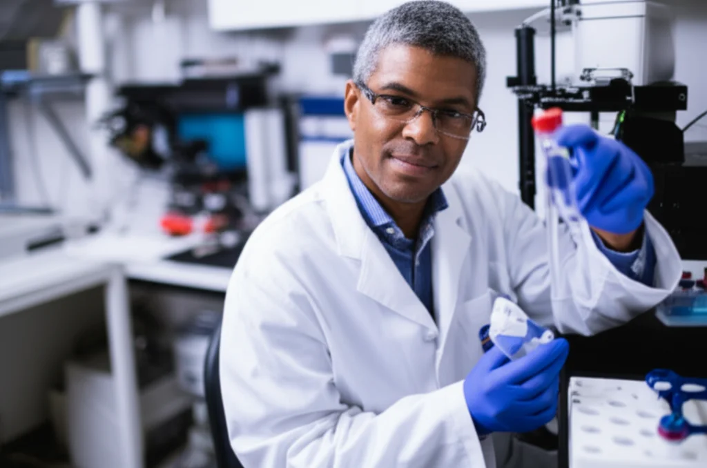 Photorealistic image showing a researcher in a lab working with vials and imaging equipment, representing cancer research and drug development, 35mm portrait, depth of field, controlled lighting.