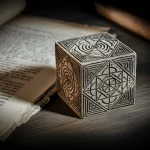 Ricostruzione fotorealistica del 'Cubus Logicus' di Lange, un cubo di legno antico con simboli logici incisi, appoggiato su un tavolo di legno scuro accanto a manoscritti. Illuminazione drammatica stile film noir, obiettivo prime 50mm, profondità di campo ridotta per sfocare lo sfondo.