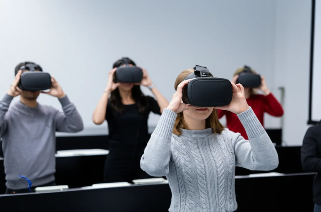 Un gruppo eterogeneo di studenti di infermieristica, giovani adulti, indossa visori per la realtà virtuale in un'aula universitaria moderna e luminosa. Interagiscono attivamente con scenari di consulenza antifumo proiettati virtualmente. Obiettivo prime, 24mm, illuminazione da studio che simula luce naturale, colori vividi e naturali, profondità di campo che mantiene a fuoco gli studenti e sfoca leggermente lo sfondo dell'aula.