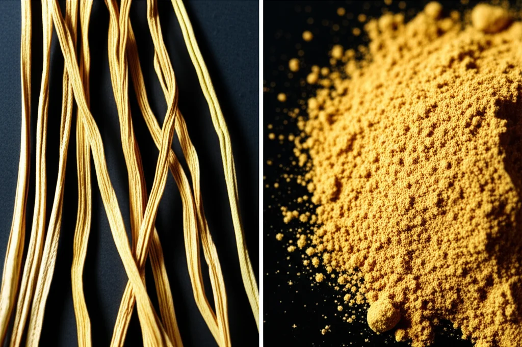 Una composizione artistica con steli di Astragalus secchi da un lato, trasformati in una polvere fine e dorata di polisaccaridi dall'altro, con una luce brillante che emana dalla polvere, simboleggiando il tesoro antiossidante. Macro lens, 70mm, high detail, precise focusing, controlled lighting, effetto 'waste to treasure'.