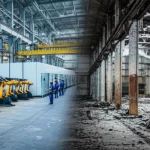 Un'immagine composita fotorealistica che mostra da un lato una fabbrica tedesca moderna e attiva, con operai e robot, e dall'altro una fabbrica in rovina, simboleggiando il contrasto tra il declino industriale incombente (looming) e quello già avvenuto (actual) in Germania. Obiettivo zoom 24-70mm, illuminazione drammatica con contrasto tra luce e ombra per enfatizzare la dualità.