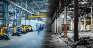 Un'immagine composita fotorealistica che mostra da un lato una fabbrica tedesca moderna e attiva, con operai e robot, e dall'altro una fabbrica in rovina, simboleggiando il contrasto tra il declino industriale incombente (looming) e quello già avvenuto (actual) in Germania. Obiettivo zoom 24-70mm, illuminazione drammatica con contrasto tra luce e ombra per enfatizzare la dualità.