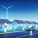 Un'immagine concettuale futuristica di una rete elettrica intelligente e decentralizzata, con flussi di energia luminosi che collegano case con pannelli solari, parchi eolici in lontananza e stazioni di ricarica per veicoli elettrici. La scena è pervasa da un senso di innovazione e sostenibilità. Obiettivo grandangolare 20mm, messa a fuoco nitida, colori vibranti e dinamici.