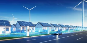 Un'immagine concettuale futuristica di una rete elettrica intelligente e decentralizzata, con flussi di energia luminosi che collegano case con pannelli solari, parchi eolici in lontananza e stazioni di ricarica per veicoli elettrici. La scena è pervasa da un senso di innovazione e sostenibilità. Obiettivo grandangolare 20mm, messa a fuoco nitida, colori vibranti e dinamici.