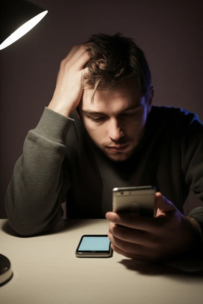 Uno studente universitario esausto che cerca di studiare ma è visibilmente affaticato, con il suo smartphone acceso accanto a lui sul tavolo, a simboleggiare la lotta tra doveri accademici e dipendenza da social media che impatta il sonno. Fotografia di ritratto, obiettivo da 35mm, illuminazione soffusa da una lampada da scrivania, colori desaturati con un leggero viraggio seppia, profondità di campo.