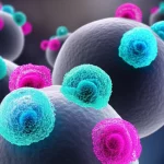 Visualizzazione 3D fotorealistica del microambiente immunitario tumorale. Cellule T luminose e colorate (ciano, magenta) interagiscono con cellule tumorali più grandi e scure (grigio opaco) su uno sfondo astratto e leggermente sfocato. Illuminazione drammatica che evidenzia le interazioni cellulari, obiettivo prime 50mm, profondità di campo ridotta per isolare le cellule in primo piano.