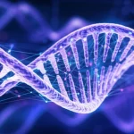 Visualizzazione concettuale high-tech di reti neurali e filamenti di DNA che si intersecano, a simboleggiare l'integrazione tra machine learning e bioinformatica nella ricerca sul cancro. Illuminazione blu e viola duotone, profondità di campo, 35mm portrait.