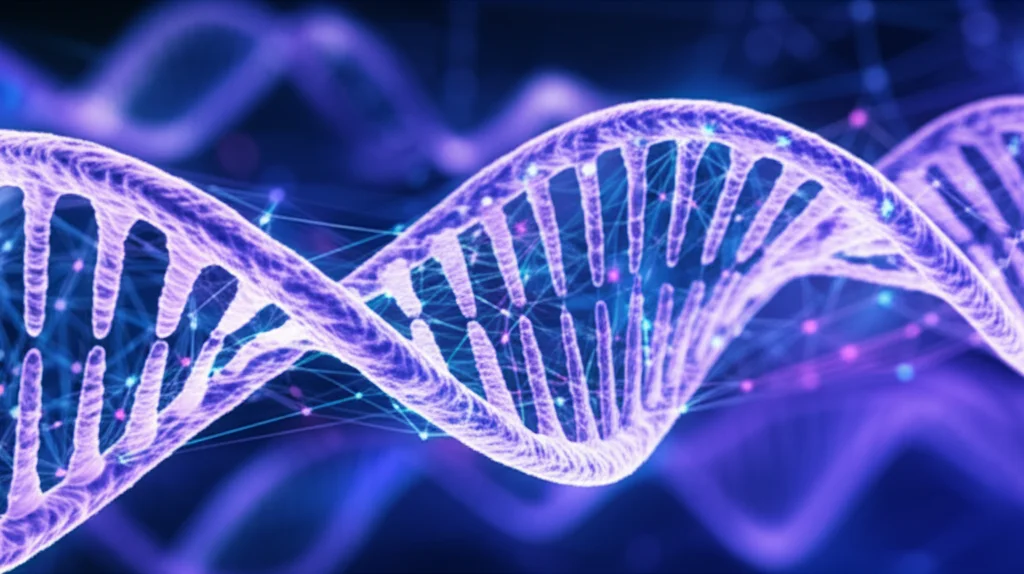 Visualizzazione concettuale high-tech di reti neurali e filamenti di DNA che si intersecano, a simboleggiare l'integrazione tra machine learning e bioinformatica nella ricerca sul cancro. Illuminazione blu e viola duotone, profondità di campo, 35mm portrait.