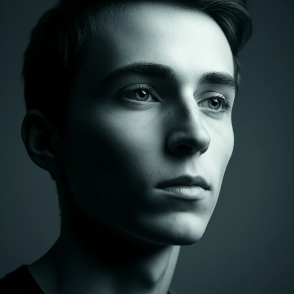 A close-up portrait of a young adult looking thoughtfully into the distance, representing hope and the journey of recovery from early psychosis. 35mm portrait, depth of field, blue and grey duotones.