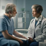 A compassionate doctor speaking with an older patient sitting on a hospital bed about their recovery plan after femur surgery. The lighting is soft and hopeful. 35mm portrait, depth of field.