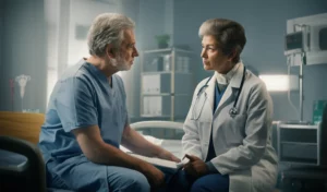 A compassionate doctor speaking with an older patient sitting on a hospital bed about their recovery plan after femur surgery. The lighting is soft and hopeful. 35mm portrait, depth of field.