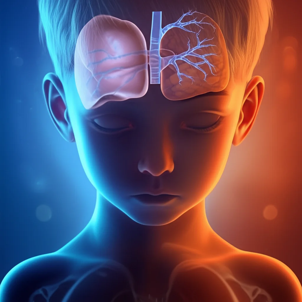 Concetto visivo della sindrome poliendocrina autoimmune tipo 2 in età pediatrica: silhouette stilizzata di un bambino sovrapposta a immagini luminose ma leggermente sfocate delle ghiandole endocrine (tiroide, pancreas, surrene), con frecce astratte che indicano l'interazione autoimmune. Illuminazione drammatica ma speranzosa, colori caldi e freddi in duotono (blu e arancio), obiettivo 35mm.