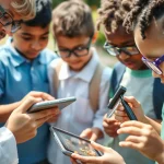 Foto realistica e vibrante di un gruppo eterogeneo di bambini delle scuole elementari che collaborano con uno scienziato adulto all'aperto, esaminando campioni naturali con lenti d'ingrandimento e tablet. Obiettivo 35mm, luce diurna brillante, espressioni curiose e concentrate, profondità di campo che mostra sia i bambini che l'ambiente scolastico.