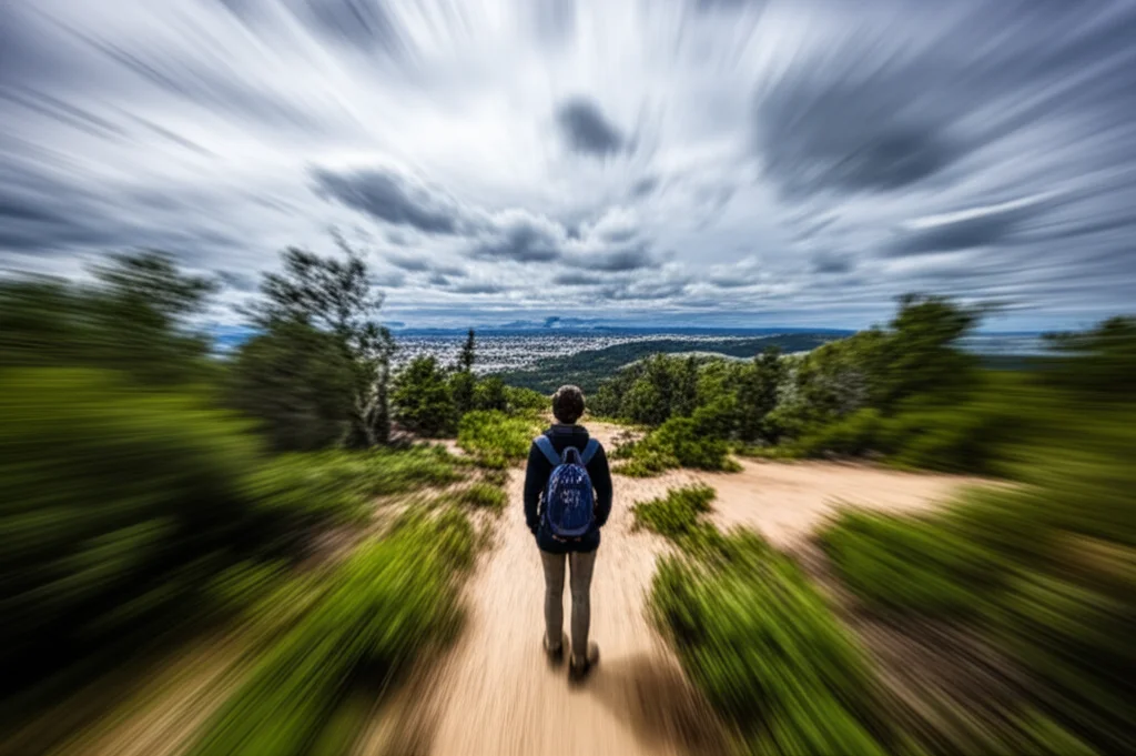 Fotografia grandangolare, lente 15mm, che mostra una persona in piedi su un sentiero che si dirama in molteplici direzioni attraverso un paesaggio complesso e interconnesso (foresta, città, montagne in lontananza), sotto un cielo dinamico con nuvole in movimento. Lunga esposizione per ammorbidire le nuvole, focus nitido sull'intera scena per rappresentare la complessità dei sistemi e le scelte di carriera.