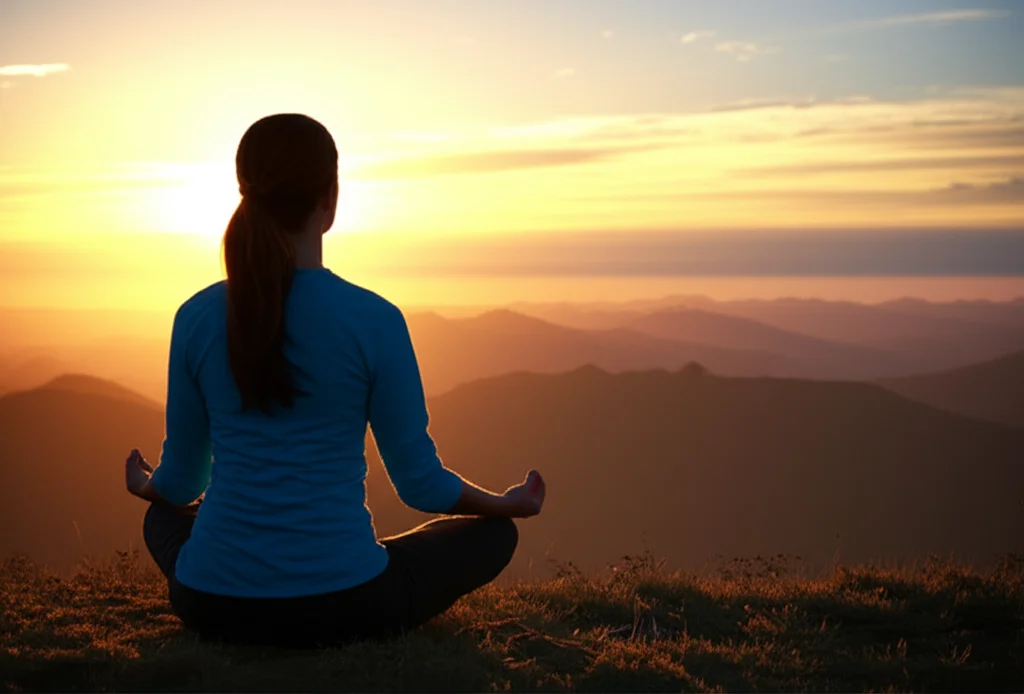 Immagine simbolica della pace interiore: una persona serena medita seduta su una collina al tramonto, vista panoramica su un paesaggio multiculturale stilizzato, obiettivo grandangolare 20mm, luce calda e soffusa, lunga esposizione per nuvole soffici.