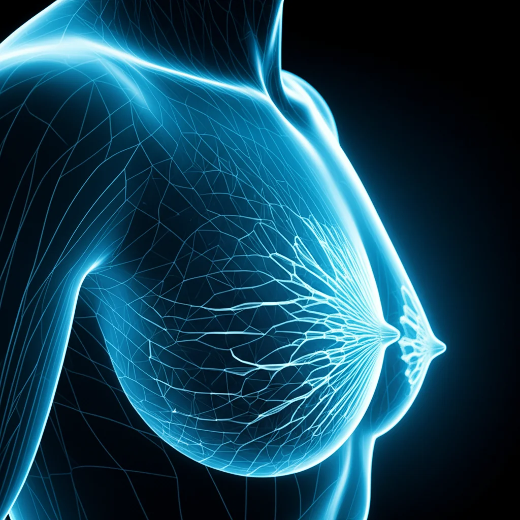 Immagine simbolica di un fascio di radioterapia ad alta precisione focalizzato su un modello anatomico del seno, tecnologia medica avanzata, luce focalizzata bluastra, sfondo scuro high-tech, obiettivo 50mm, alta definizione.