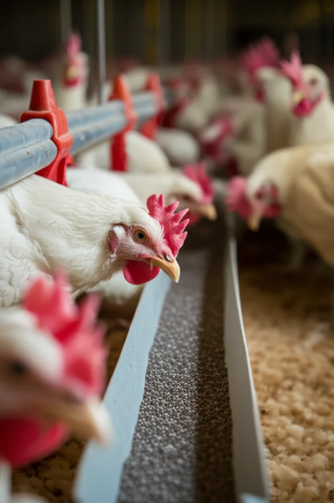 Photorealistic close-up shot of broiler chickens in a controlled environment, with chia seeds visible in a feed trough. Macro lens, 100mm, high detail, precise focusing, controlled lighting.