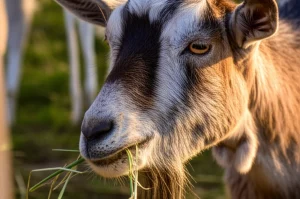 Primo piano di una capra curiosa che mastica fieno in un ambiente rurale luminoso. Obiettivo da ritratto 50mm, f/2.8 per una piacevole profondità di campo che sfoca leggermente lo sfondo, mettendo in risalto il muso della capra e la texture del fieno. Luce naturale dorata del tardo pomeriggio.