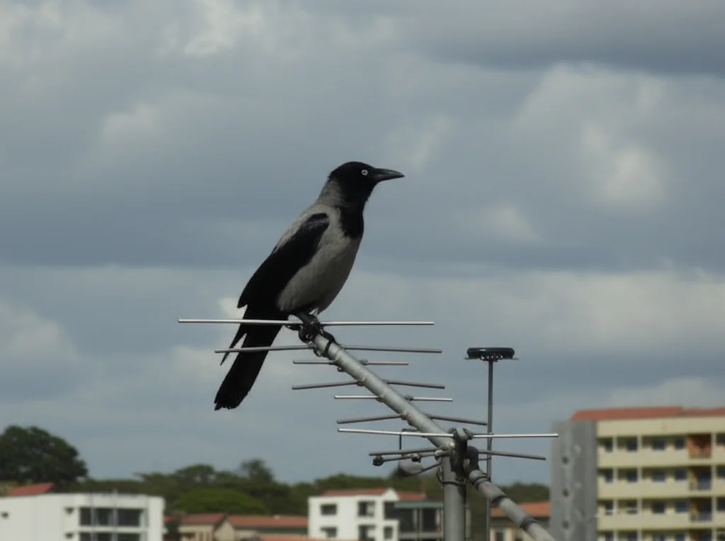 Un Corvo delle Case Indiano (Corvus splendens) in un contesto urbano di Dodoma, Tanzania, appollaiato su un'antenna televisiva, con edifici e cielo parzialmente nuvoloso sullo sfondo. Teleobiettivo, luce diurna, dettagli nitidi dell'uccello e del suo piumaggio nero e grigio, che simboleggia l'adattabilità delle specie invasive agli ambienti antropizzati.